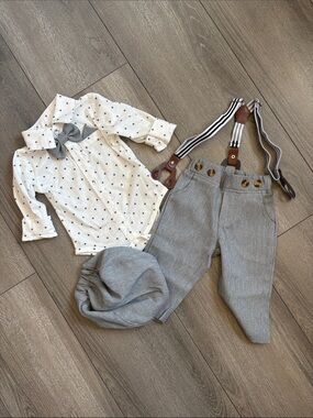 Classic Grey & White Kids Matching Set with Bow Tie and Suspenders XS300